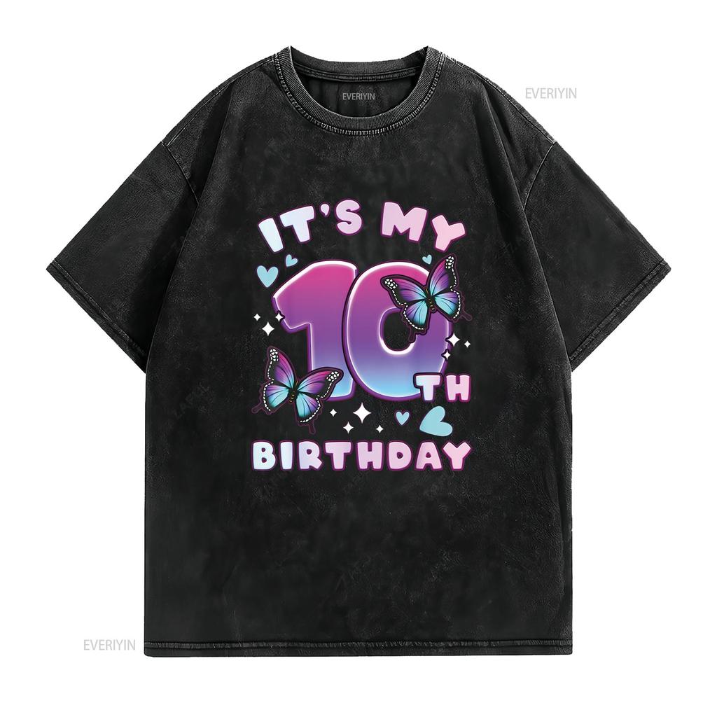 10th Birthday Girl 10 years Butterflies and Numb Distinctive Women s Fashion T Shirt Print Top vintage Washed graphic