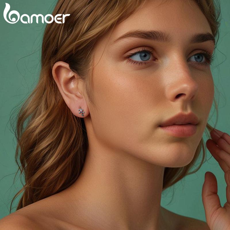 BAMOER 925 стерлингового серебра Рождественский подарок ювелирные изделия Holly Open Ring Красочные серьги-гвоздики с листьями цветов Специальный подарок на Новый год