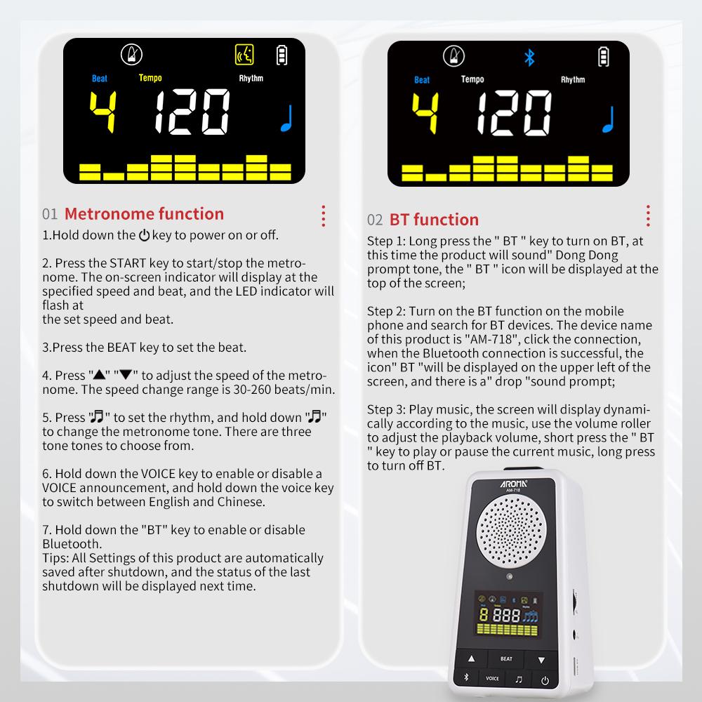 AROMA 2-в-1 Метроном BT Динамик для гитары, пианино, барабанов, скрипки, перезаряжаемый цифровой метроном с