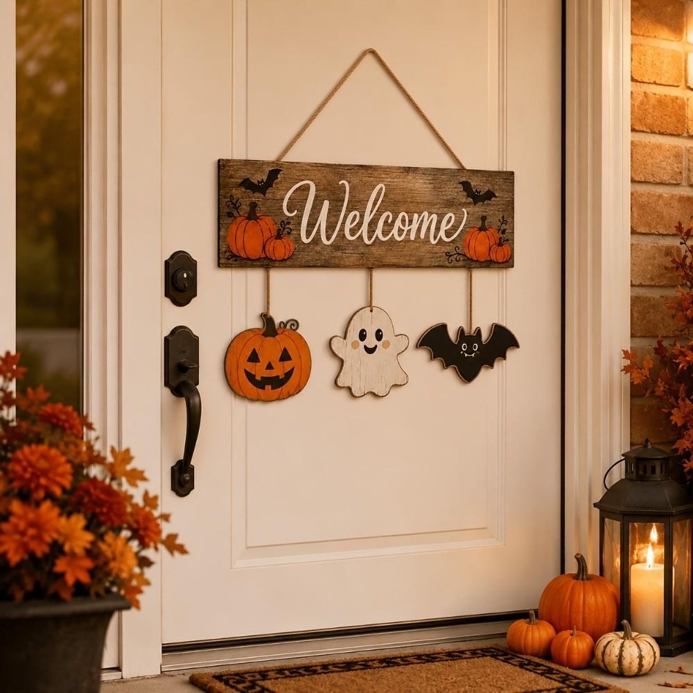 Vintage Pumpkin Ghost Bat Wood Plaque Wear-Resistant Rustic Welcome Board Pendant Autumn Season