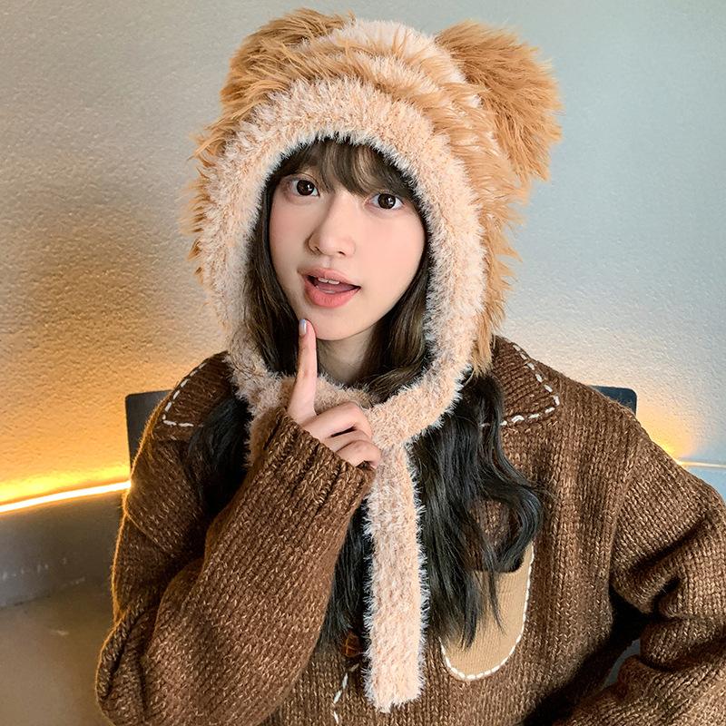 Зимняя мультяшная милая плюшевая шапка с медвежонком корейского выпуска, теплая шапка для девочек с изображением лица, маленькая шапка Баотоу с капюшоном