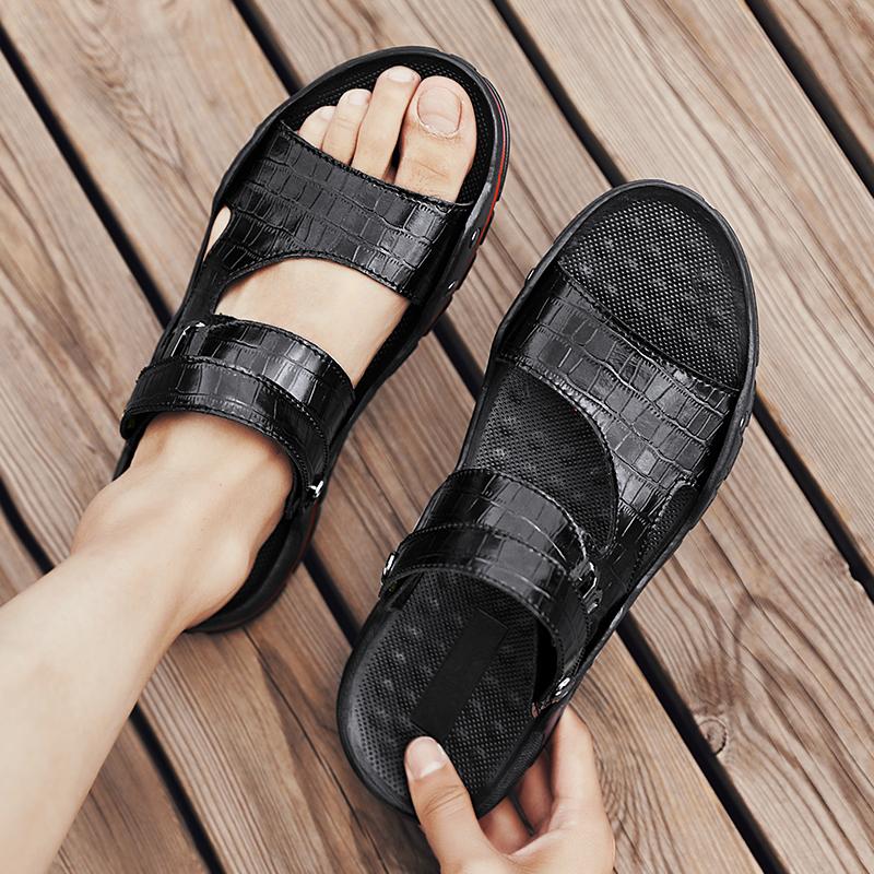 Мужские тапочки, летние модные бежевые/черные кожаные повседневные сандалии на платформе, пляжные кожаные плоские роскошные повседневные мужские сандалии