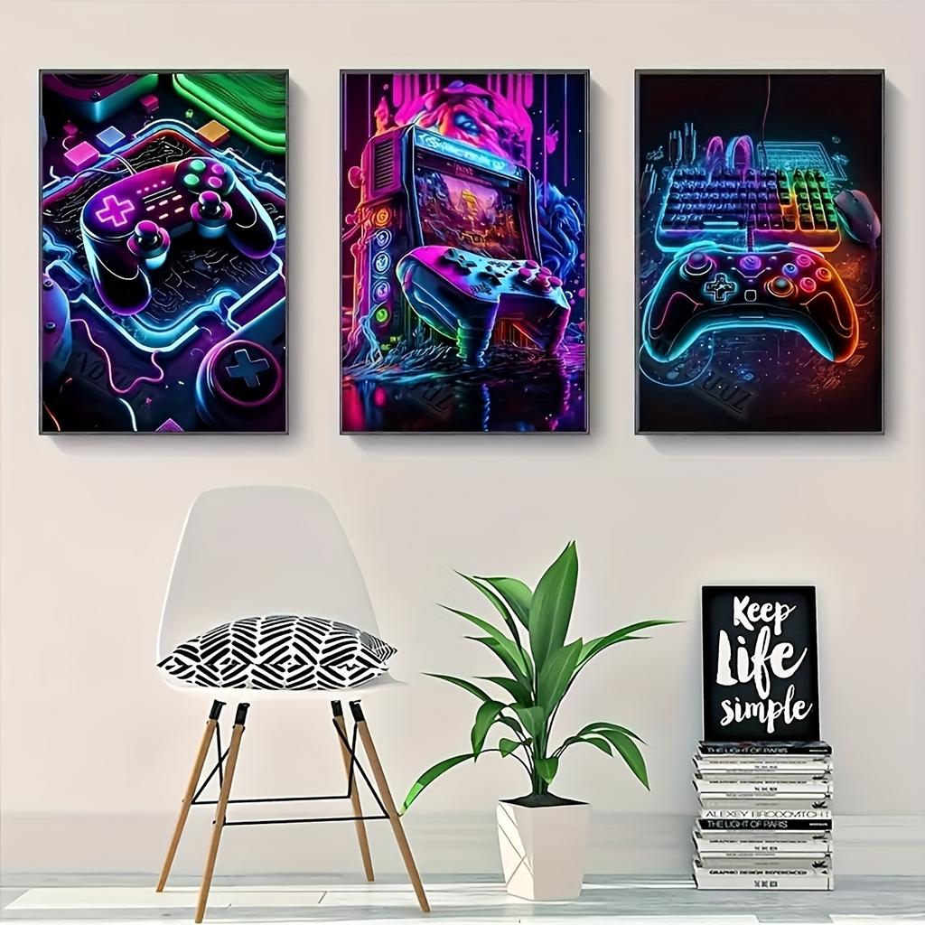 3pcs Vibrant Neon Game Console Canvas Art Print Set - Frameless, Colorful Gaming Wall Decor for Living Room, Bedroom, Office, Ki