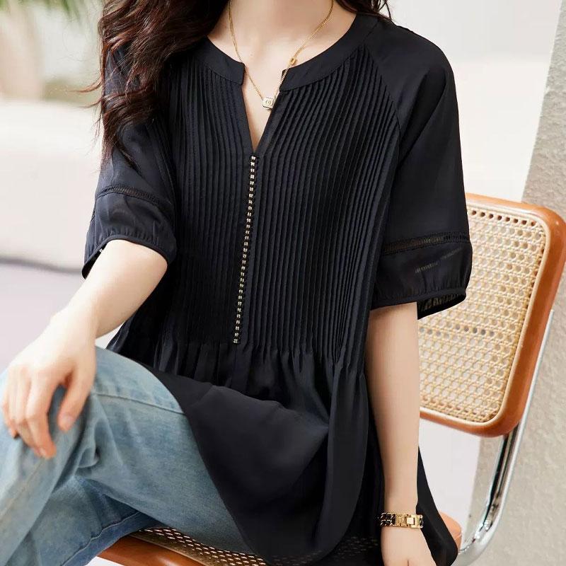 Стильная плиссированная блузка с контрастными вставками, женская одежда, однотонная, повседневная, с коротким рукавом, летняя, с вырезами, элегантная рубашка с V-образным вырезом