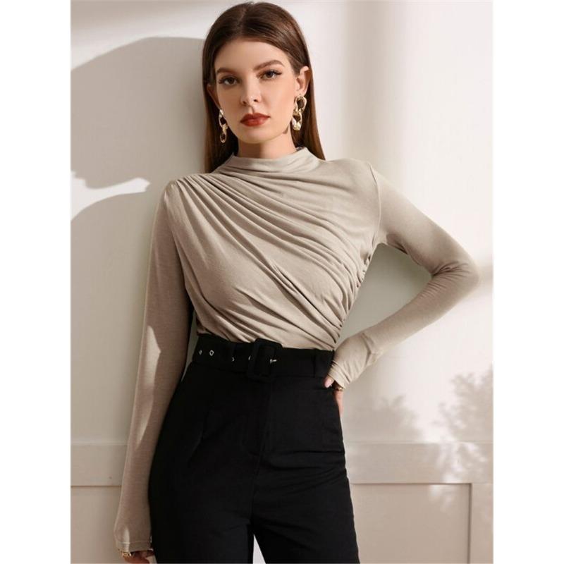 Women's Autumn and Winter Small High Neck Pumped Pleated Versatile Long-sleeved T-shirt