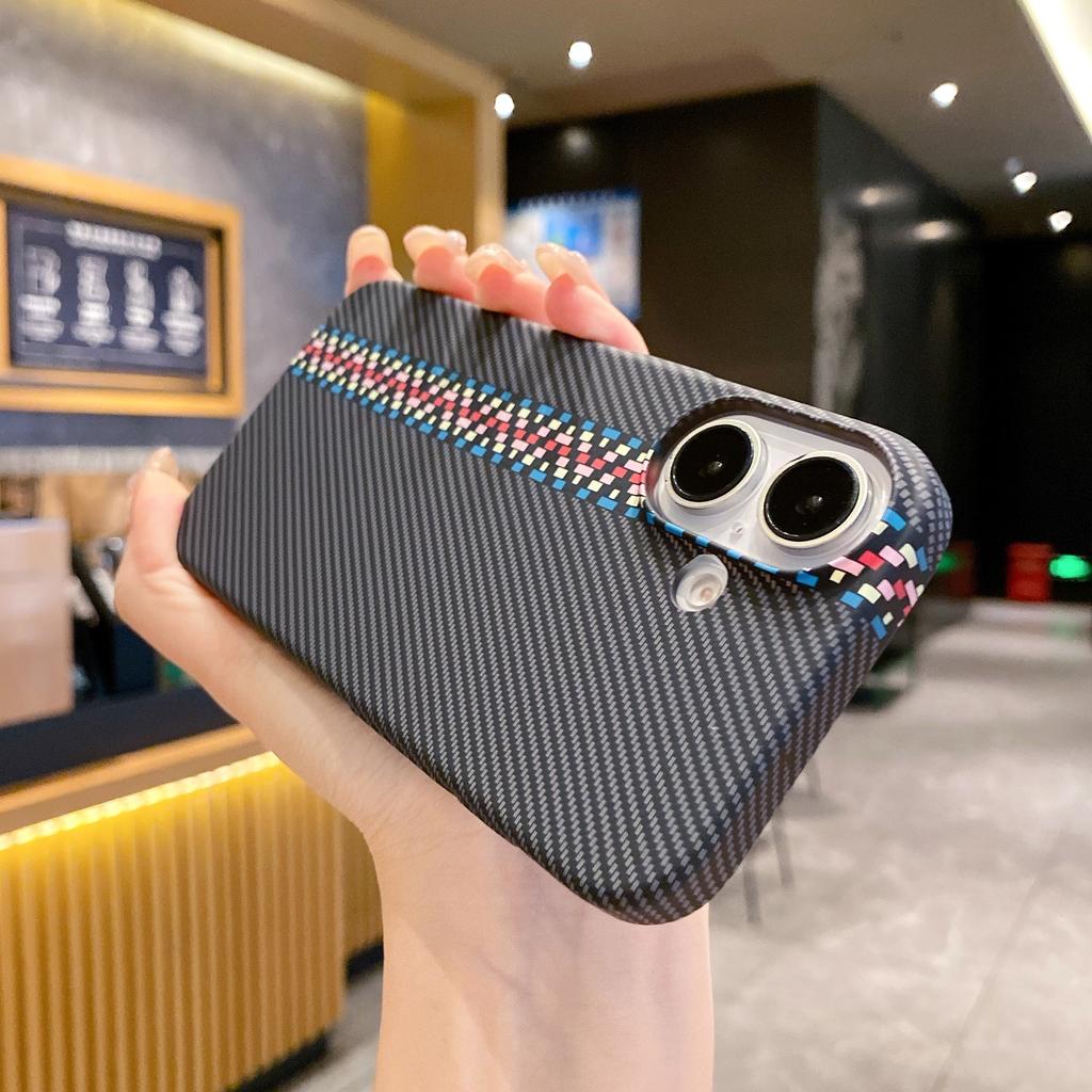 Carbon Fiber Kevlar Pattern PC Case For iPhone 17 Air 16 15 14 Plus 13 12 11 Pro Max Shockproof Splice Retro Lines Cover