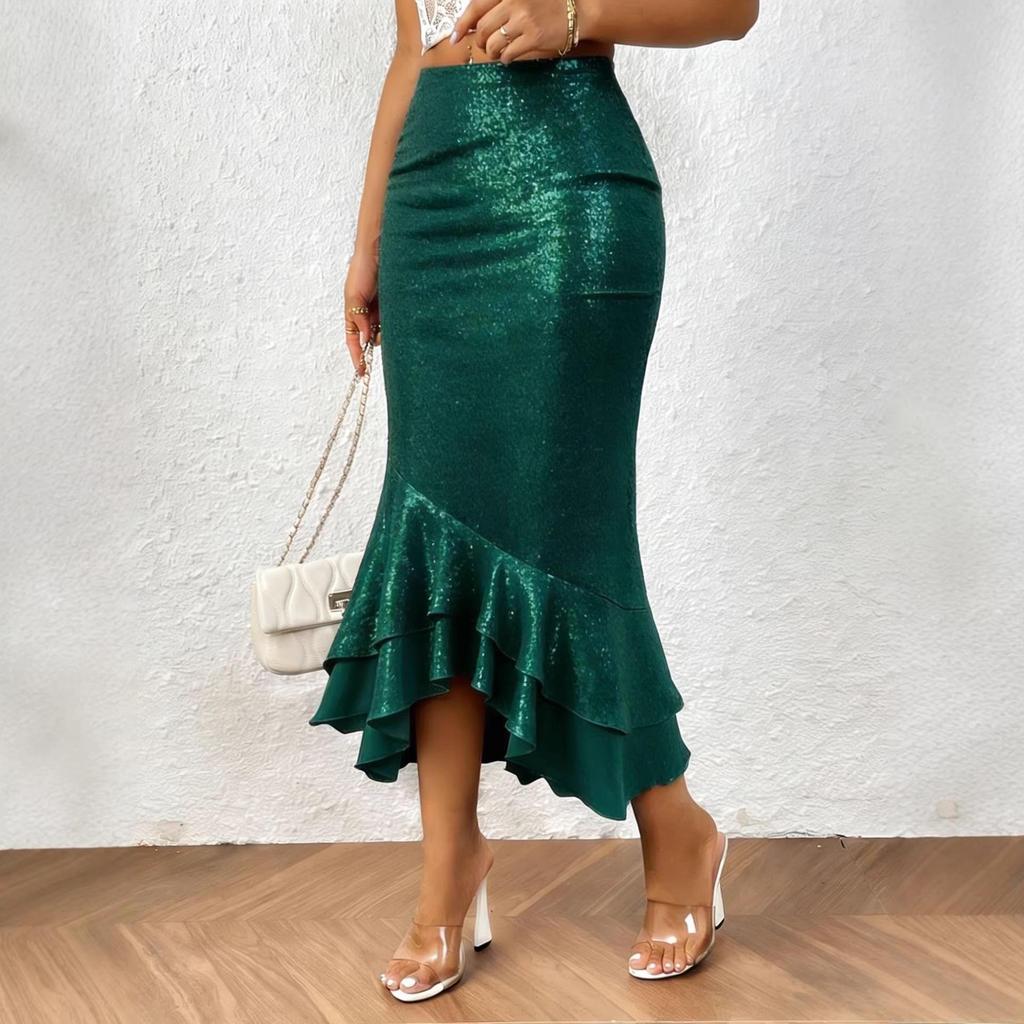 Shiny Women's Mid-Waist Temperament Fishtail Skirt with Sparkly Personality
