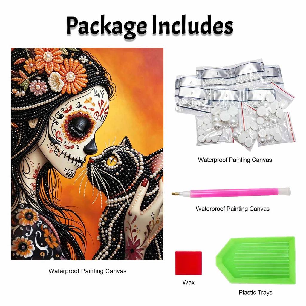 Halloween day of the dead cat flower girl pearl painting art full pearl handmade diy home decorations
