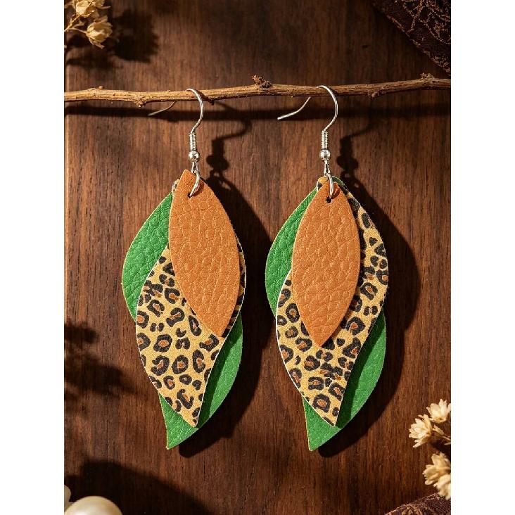 1 Pair Western Bohemian Style Leopard Print & Green-Brown Colorblock 3-Layer S-Shaped Leaf PU Leather Dangle Earrings