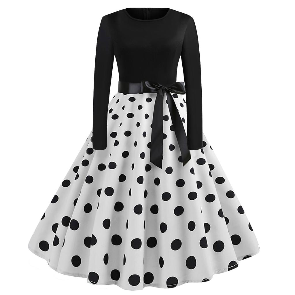 Women's Polka Dot Print Long Sleeve Dress Cutout Party Casual Round Neck Dress