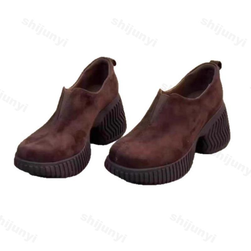 Женские массивные лоферы Ретро Элегантные Замшевые Скругленный носок Платформа Высокий каблук Модные Универсальные Без шнуровки Мягкие туфли-лодочки Mujer Zapatos