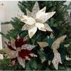 Flannel Fabric Christmas Artificial Flowers Plastic Glitter Poinsettia  Christmas Decor