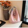 Women Contrast Color Lattice Magnetic Buckle Bucket Bag Leisure Canvas Cloth Shoulder Bags Tote Handbag