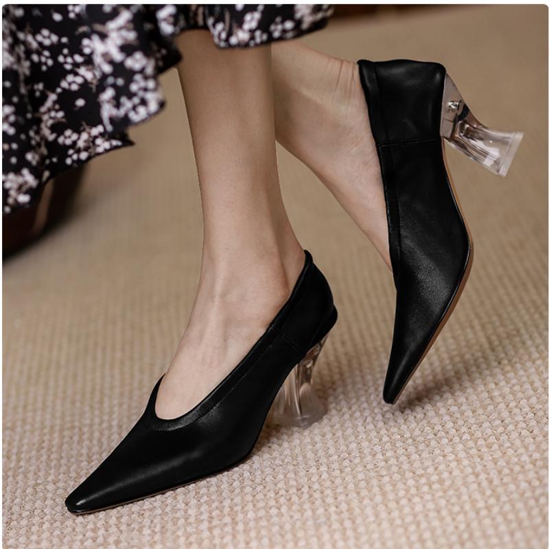 Women Pumps Natural Leather Shoes Plus Size 22-26.5cm Length Soft Sheepskin Pointed Crystal Heel Full Leather Shoes