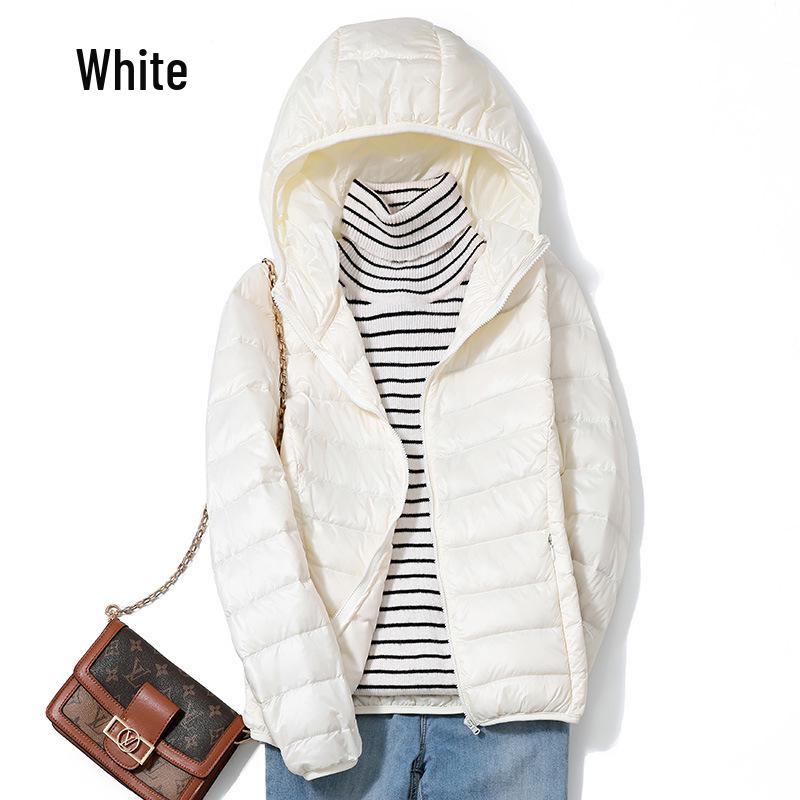 2023 Women's Lightweight Hooded Down Jacket - Slim Fit, Plus Sizes, Autumn/Winter, White Duck Down.
