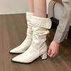 Square Heel Women Western Cowgirl Boots Fashion Rivet Pointed Toe Mid-calf Boots Autumn Winter Ladies Elegant Short Booties