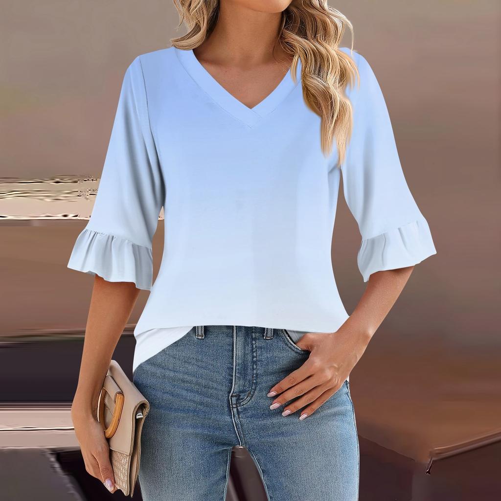 Женский повседневный топ с рукавами 3/4, летняя футболка с v-образным вырезом и пышными рукавами
