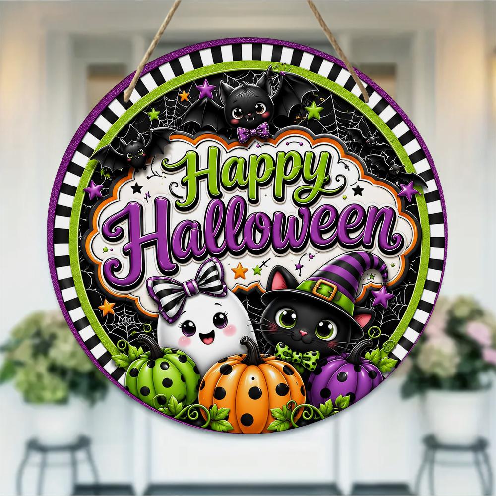 Cute cartoon pumpkin ghost cat pattern Round Wooden Hanging Plaque home wall decor door sign indoor outdoor spooky holiday party ornaments