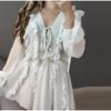 Elegant Ruffles Mini Dress Women V Neck Hollow Out Lace Up Long Sleeves Lace Dresses  Solid Color High Waist Dress