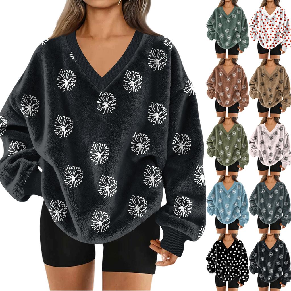 Women's V-Neck Sweatshirt Plush Color Casual Fashion Long Sleeve With Pocketed Pullover Top