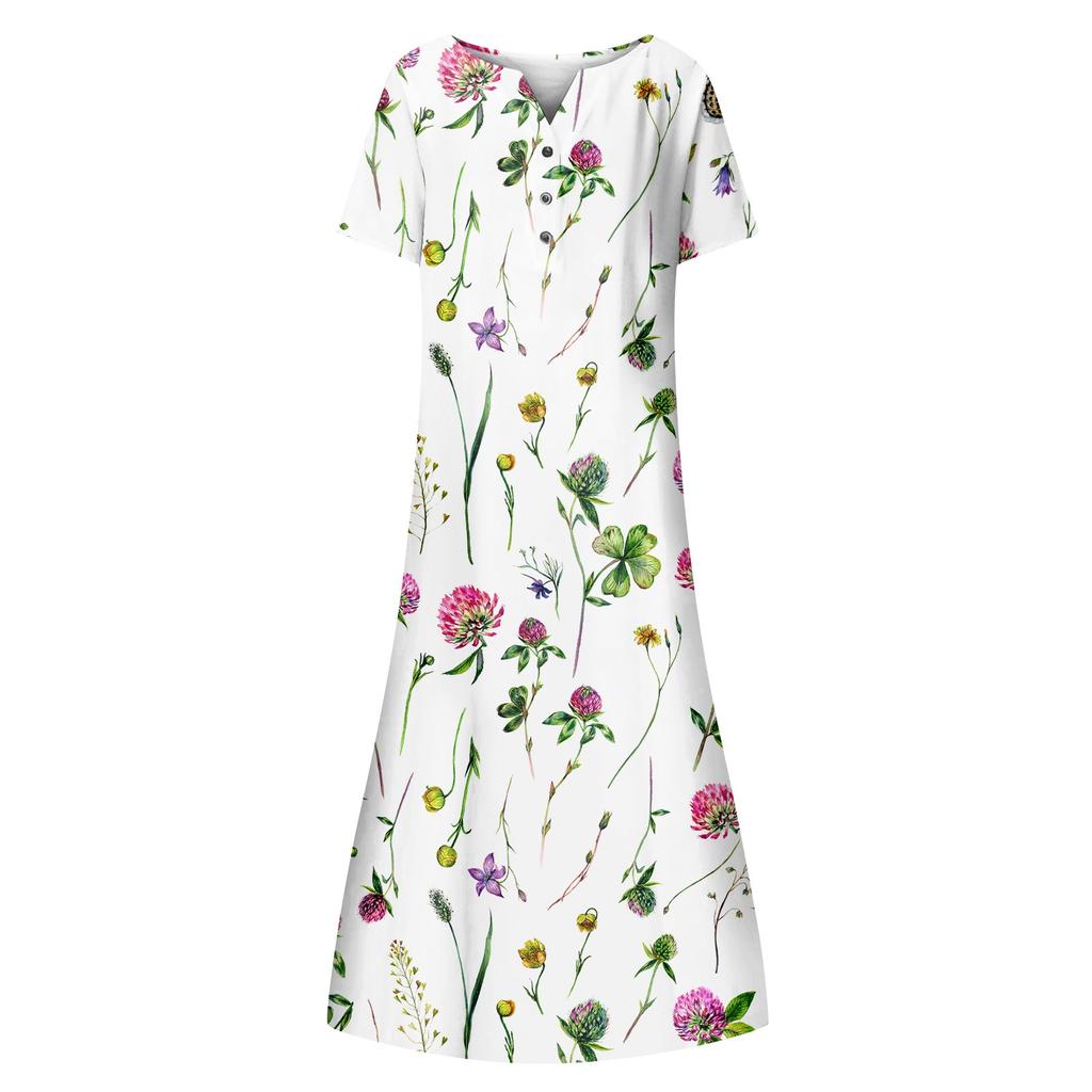Summer Dress For Women Casual Floral  Printed V-Neck Short-Sleeve Button Pocket Beach Swing Dress