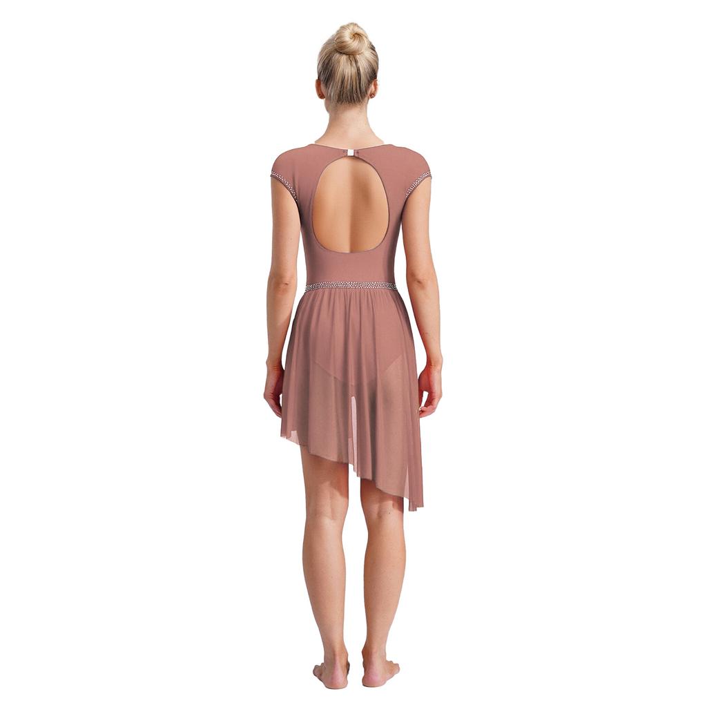 Женский купальник-платье для фигурного катания Сборки Сетчатый верх Стразы Неровный подол Открывающаяся ластовица Боди