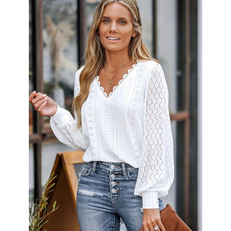 Women's V-neck Lace Patchwork Lantern Sleeve Shirt