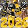 10 шт. 2026 Черно-золотой набор шаров «С Новым годом» Декор для атмосферы вечеринки в канун Нового года Алюминиевые шары в виде винной бутылки