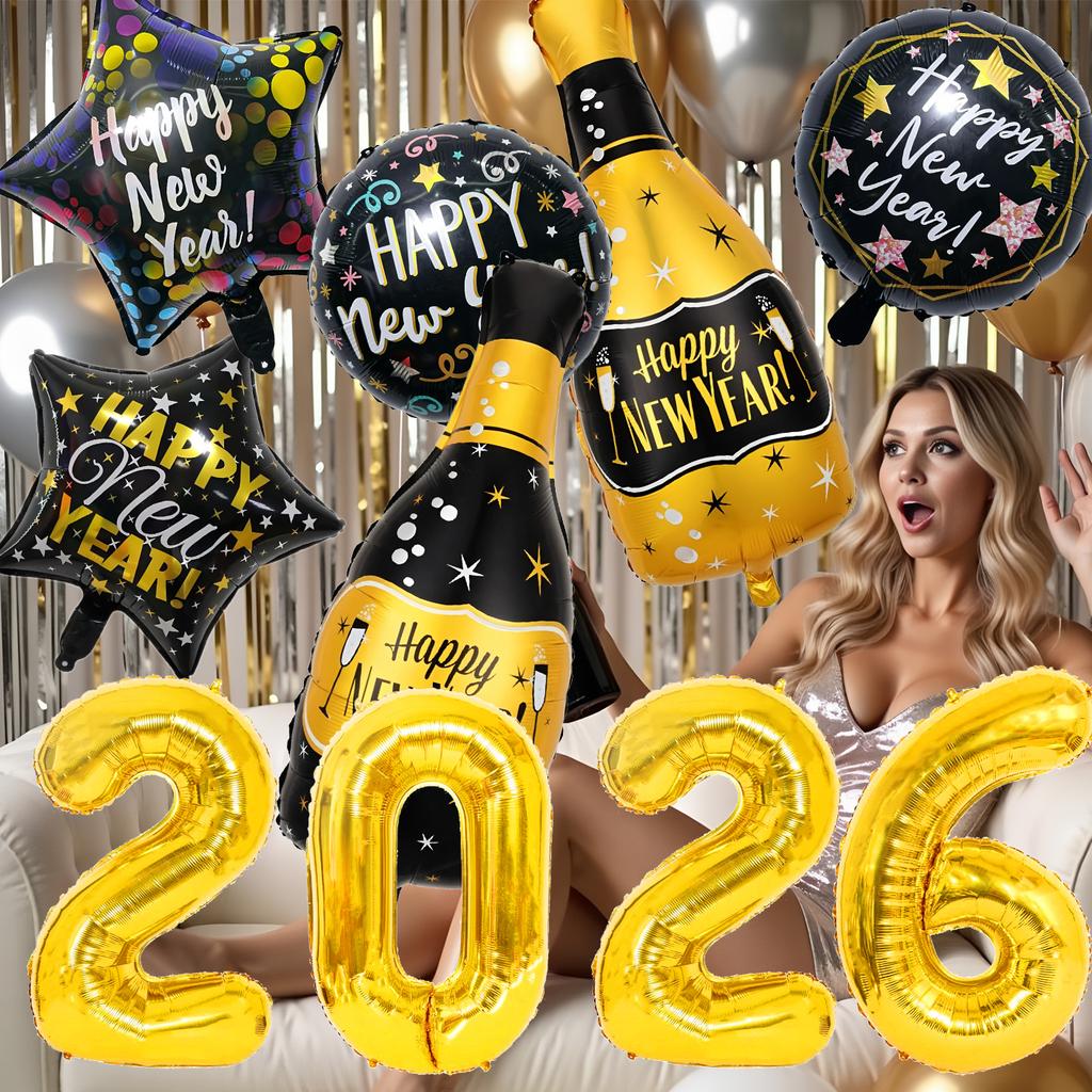10 шт. 2026 Черно-золотой набор шаров «С Новым годом» Декор для атмосферы вечеринки в канун Нового года Алюминиевые шары в виде винной бутылки