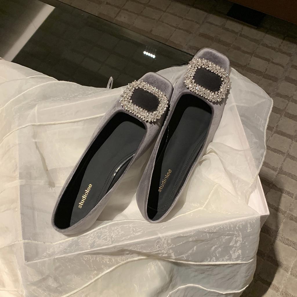 Sheepskin French Beautiful Small Single Shoes Women's 2025 New Commuter Velvet Surface Shallow Mouth Square Buckle Rhinestone Low Heel Flat Shoes