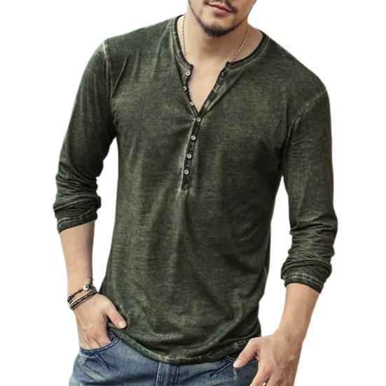 Men Solid Color Casual V Neck Thin Buttons T-shirt