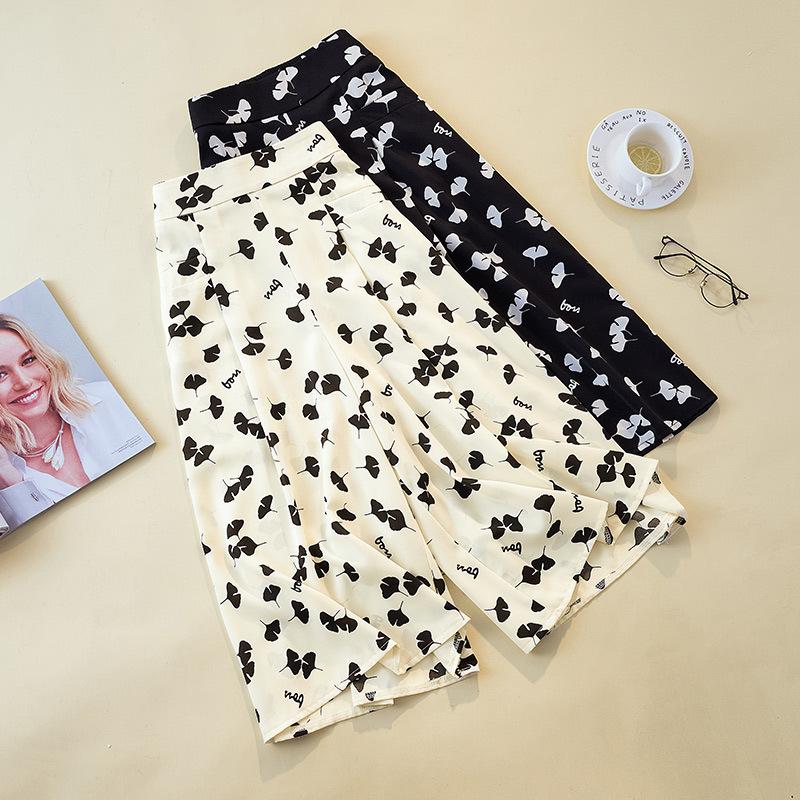 Свободные и тонкие шифоновые повседневные прямые брюки, юбка с цветочным узором, широкие брюки с семью точками, универсальные брюки