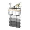 Vertical Wooden Wall Mounted Bathroom Towel Rack 2 Layer Storage with Grids Meshes Design Metal Frame Wooden Shelf