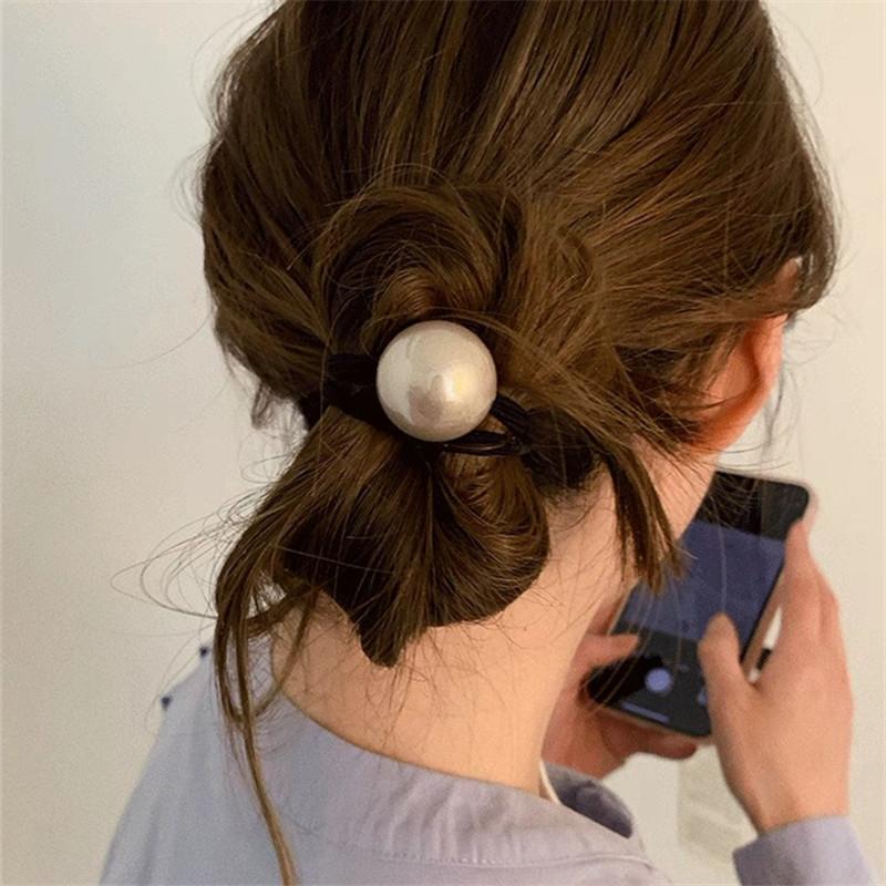 Pearl Decor Hair Ties, High Elastic Durable Black Leather Cover Scrunchies, Premium Women Hair Accessories