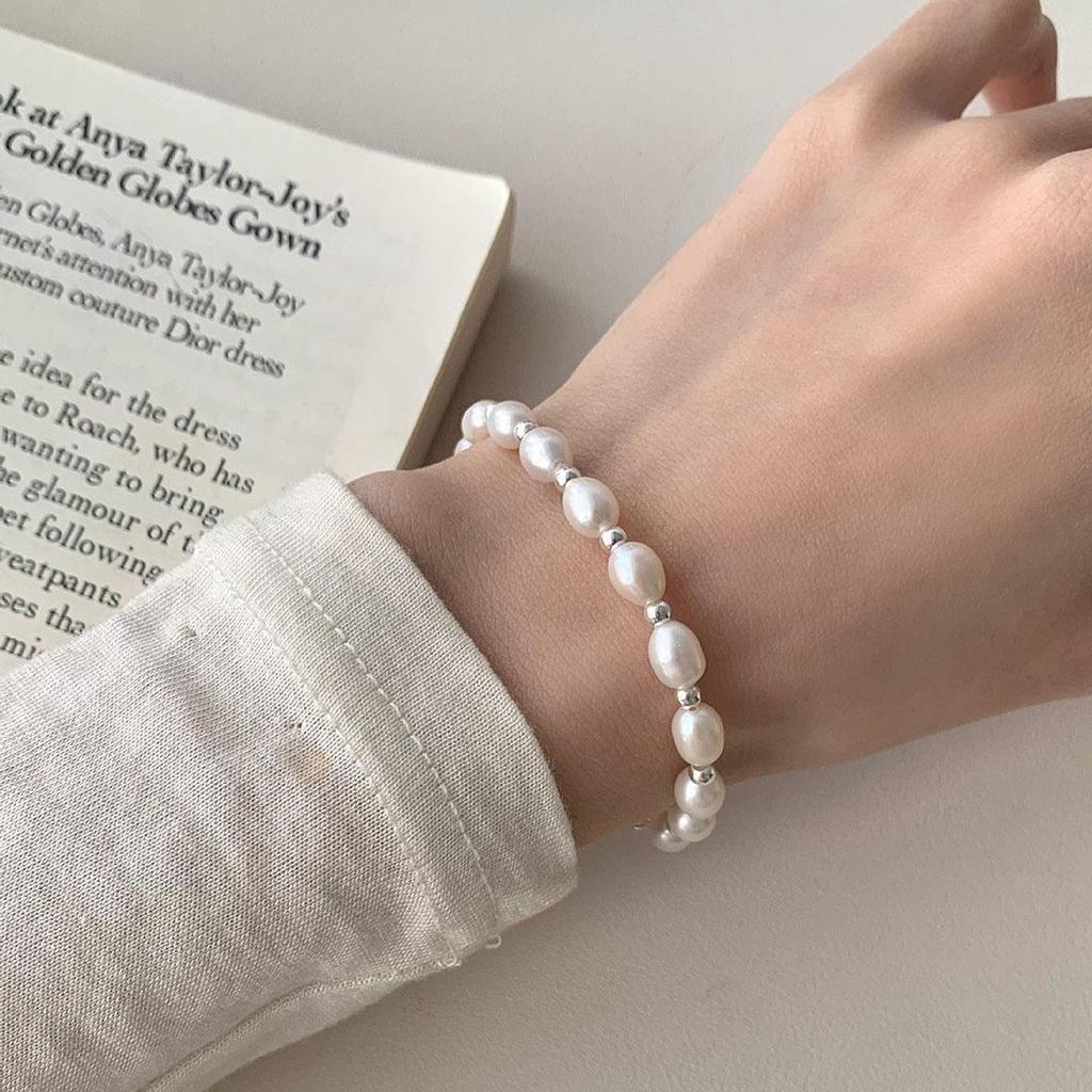 Браслет из стерлингового серебра 925 пробы с пресноводным жемчугом - Элегантный дизайн в форме риса для женщин