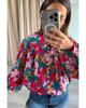 Azura Exchange Red Floral Printed Balloon Sleeve Half Buttons Blouse