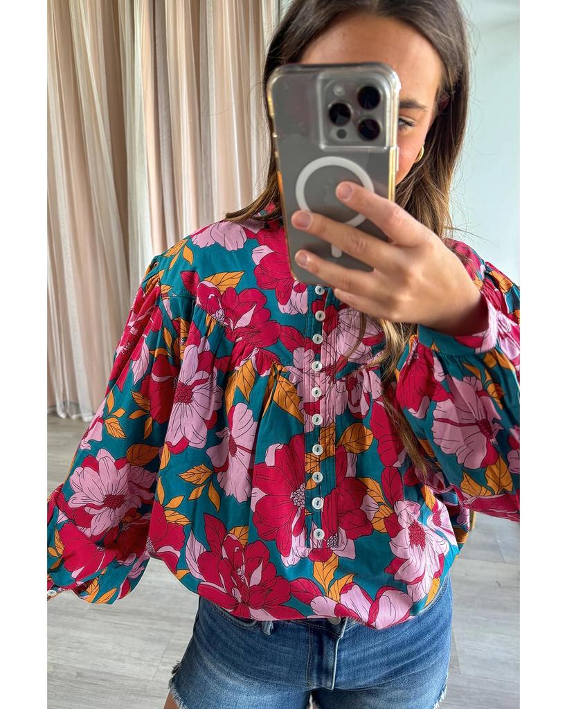 Azura Exchange Red Floral Printed Balloon Sleeve Half Buttons Blouse