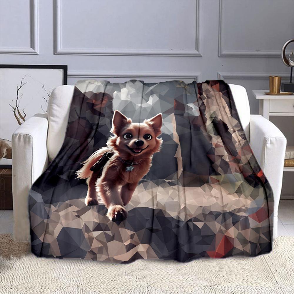 "Happy Cartoon Dog in Geometric Style" Patterned flannel blanket perfect for the bedroom living room, sofa, or a little nap