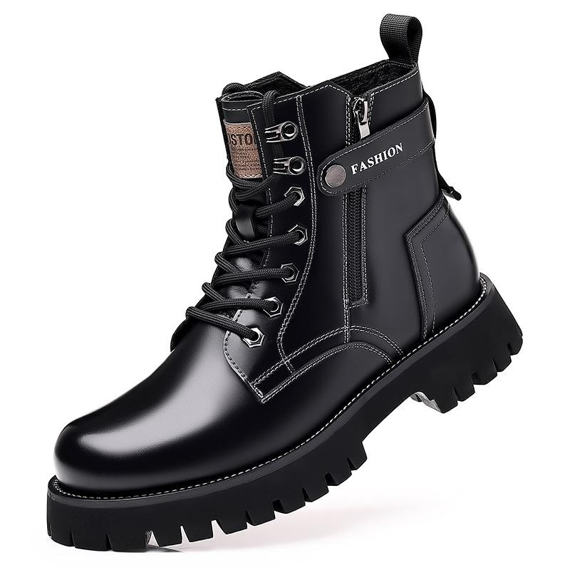 Мужские осенне-зимние желтые ботинки из натуральной кожи с толстой подошвой, боковой молнией и круглым носком — удобные, средней высоты, в стиле Martin.