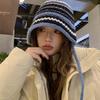 Maillard Style Hat Handmade Contrasting Color Striped Wool Bucket Hat Women's Autumn and Winter Face Small Ear Protectors Knitted Basin Hat Tide