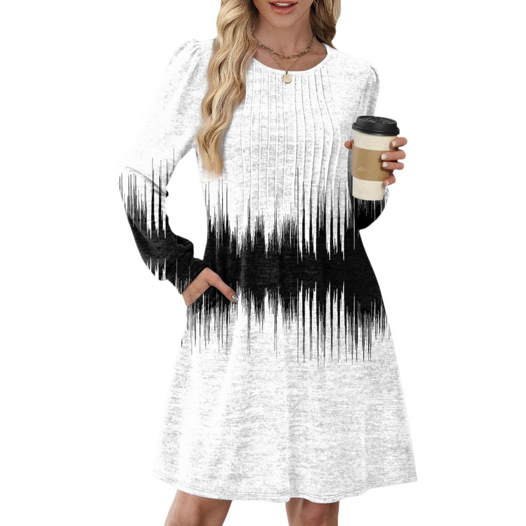 Женское повседневное платье с длинным рукавом, плиссировкой, круглым вырезом, винтажным цветочным принтом и карманами