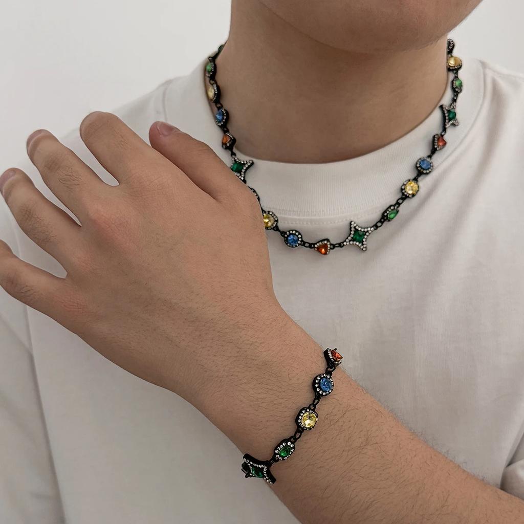 New Exquisite Luxury Inlay Colorful Acrylic Rhinestone Choker Necklace Bangles Men Retro Adjustable Black Metal Jewelry Set