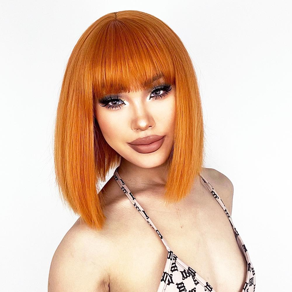MISS WIG Short Straight Orange Wig With Bangs Synthetic Fiber Wig African American White Female Cosplay/Party/Daily Wig