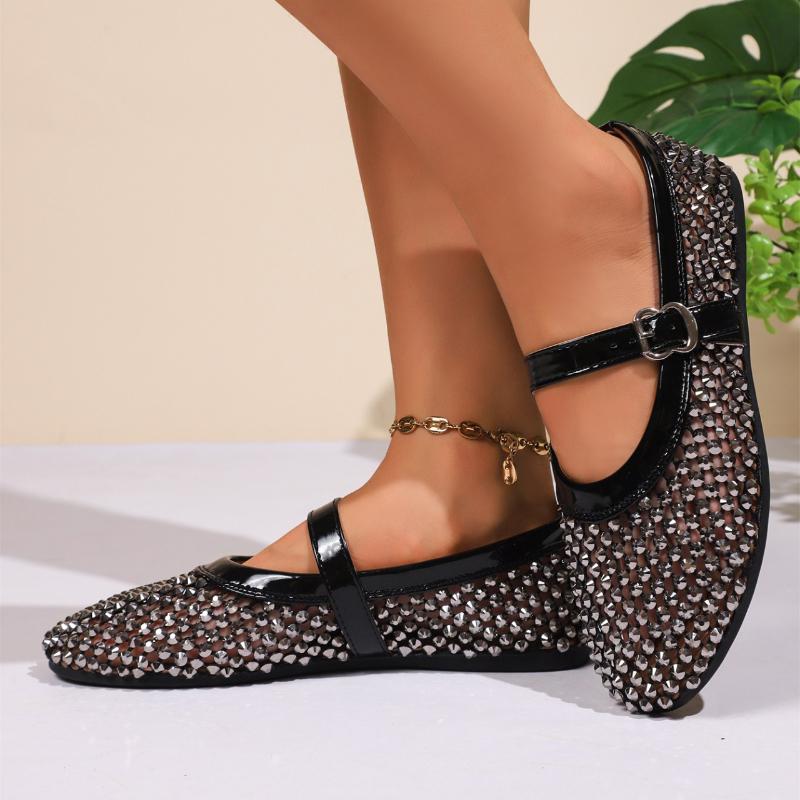 Мода 2025 Роскошные хрустальные туфли-балетки из сетки со стразами Женский брендовый дизайн Замшевые туфли Мэри Джейн Дамские летние лоферы Размер