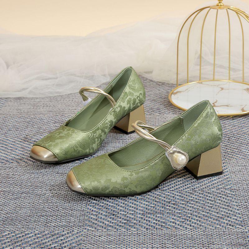 Квадратный носок толстый каблук национальный стиль принт одно слово с универсальными одинарными туфлями мода французские Мэри Джейн высокие каблуки летние новые модели