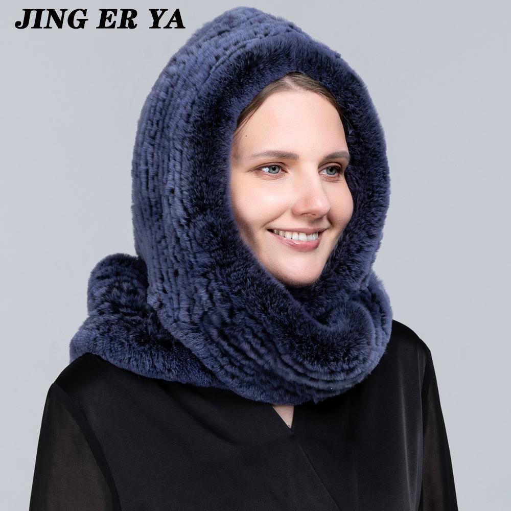 JINGERYA новая женская вязаная шапка с мехом кролика рекс, шарф с капюшоном, длинная зимняя теплая меховая шапка с шейным воротником, шарфы, шапка, шарф