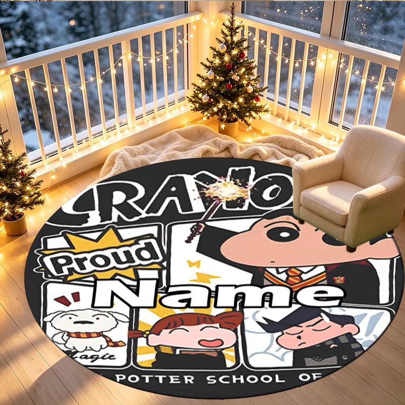 Custom Name Personalized Crayon Shin Print Round Rug, Versatile Home Decor Carpet, for Playroom, Apartment, Balcony, Entryway, Hallway Gift