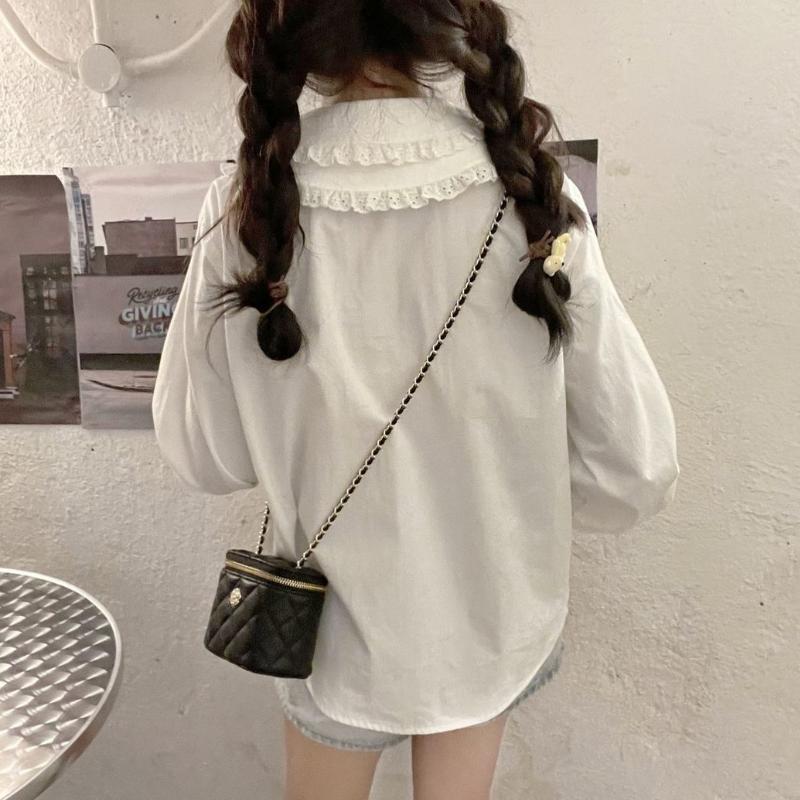 Кавайная кружевная рубашка, белая блузка с воротником «Питер Пэн», весна-осень, корейская Лолита, консервативный стиль, милые однотонные топы на пуговицах