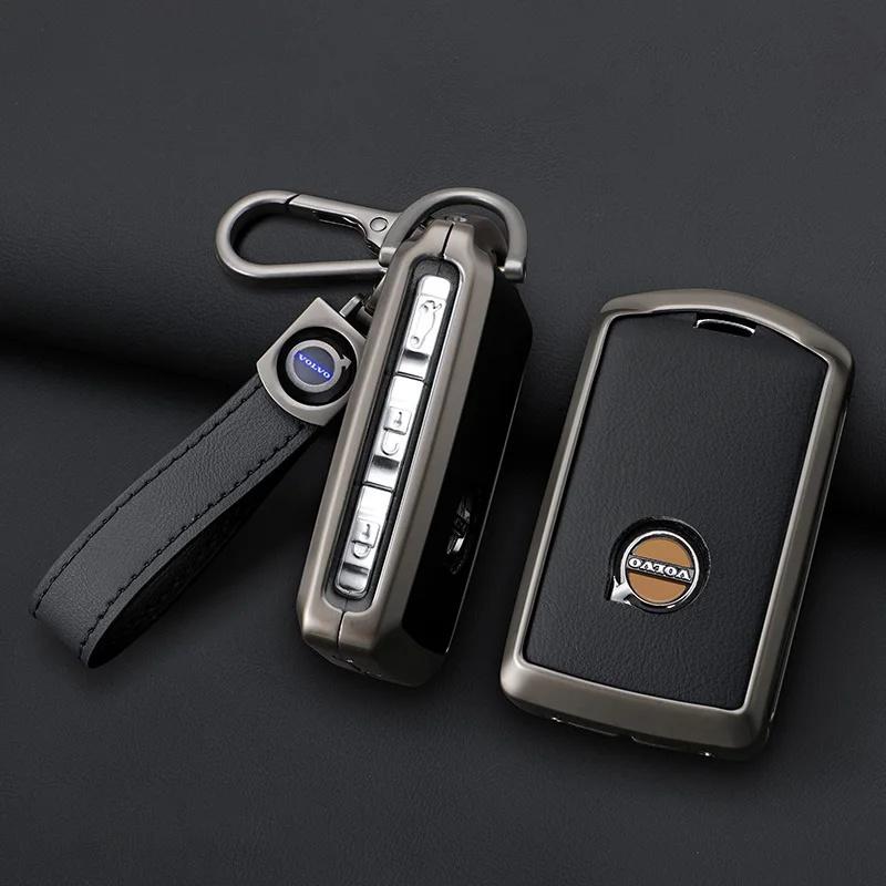 AABBJ1 1Pc Premium Zinc Alloy+Leather Key Fob Case for Volvo XC40 XC60 XC90 S60 S90 V50 V70 V90 V60 V40 S80 EX30 Anti-Dust Auto Parts