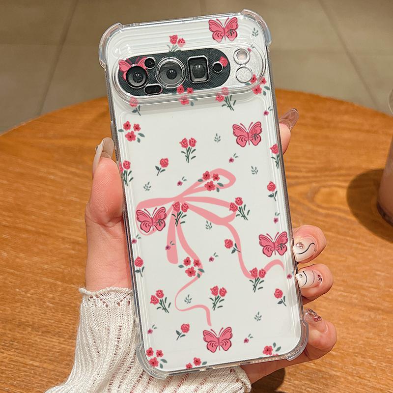 Чехол с бантами и вишневым узором для Google Pixel 9 Pro XL 9A, противоударный, из ТПУ и силикона, прозрачный, мягкий